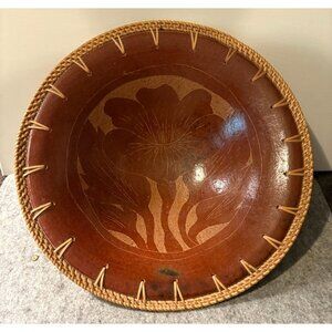 Beautiful 13" Terra Cotta Bowl with Woven Edge Trim, Flower Design  #2839
